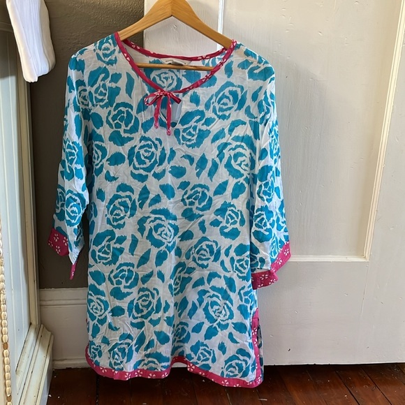 Nomadic Traders Blue White Floral Beach Cover Up Tunic Top Resortwear L - Picture 11 of 11